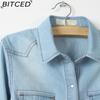 BITCED Tie-Knot Mid-Sleeve Short Cape Denim Shirt for Women Lightweight Short Jacket