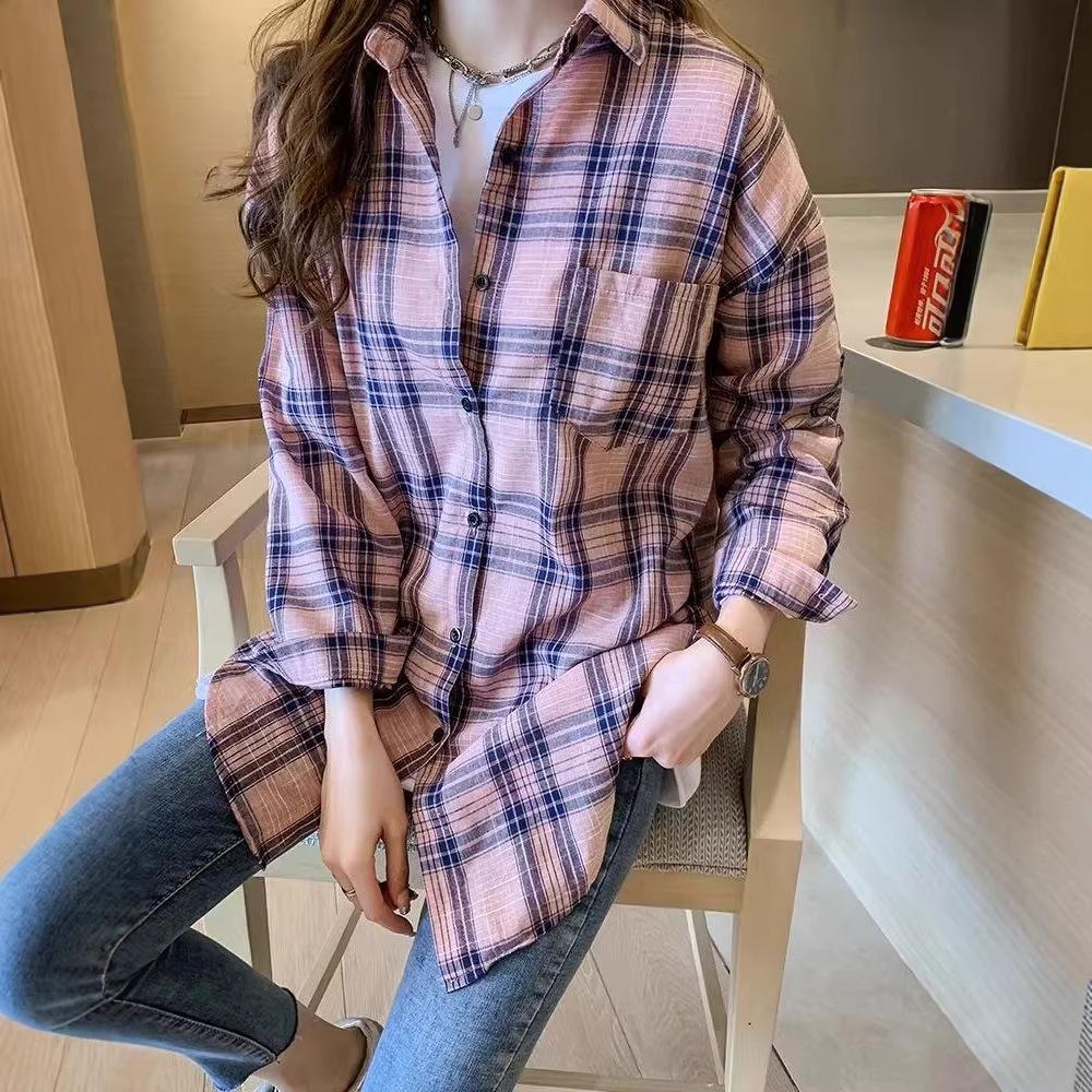 2026 Spring Elegant Korean Plaid Long Sleeve Women's Loose Casual Shirt Jacket