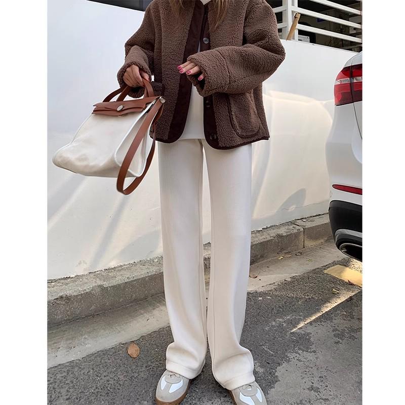 Damen Kaffeefarbene Chenille-Cordhose mit weitem Bein - Herbst/Winter Bodenlang, Lässig Gerades Bein - Weiß