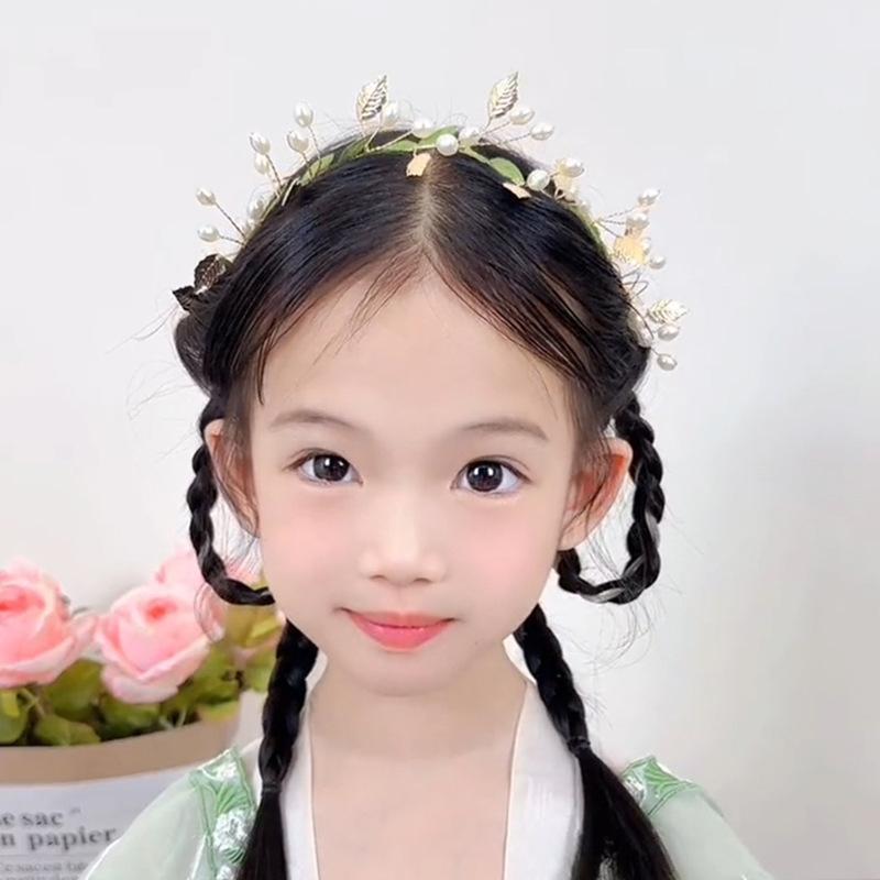 Fresh Forest Style Leaf & Pearl Headband for Girls-Tulle Braided Hair Accessory, Elegant & Natural,Perfect for Little Princesses