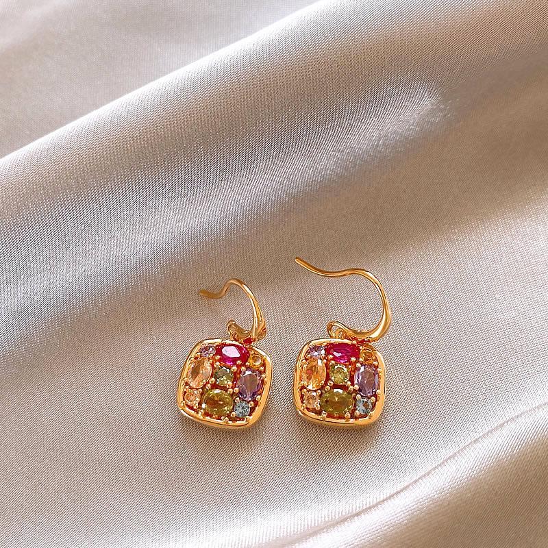 18K Gold-Plated Zirconia Colorful Square Earrings: Versatile, Elegant, Luxury Accessory