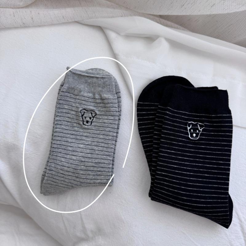 Little Dog Embroidered Striped Socks for Women, All-season School Style Versatile Mid-calf Socks
