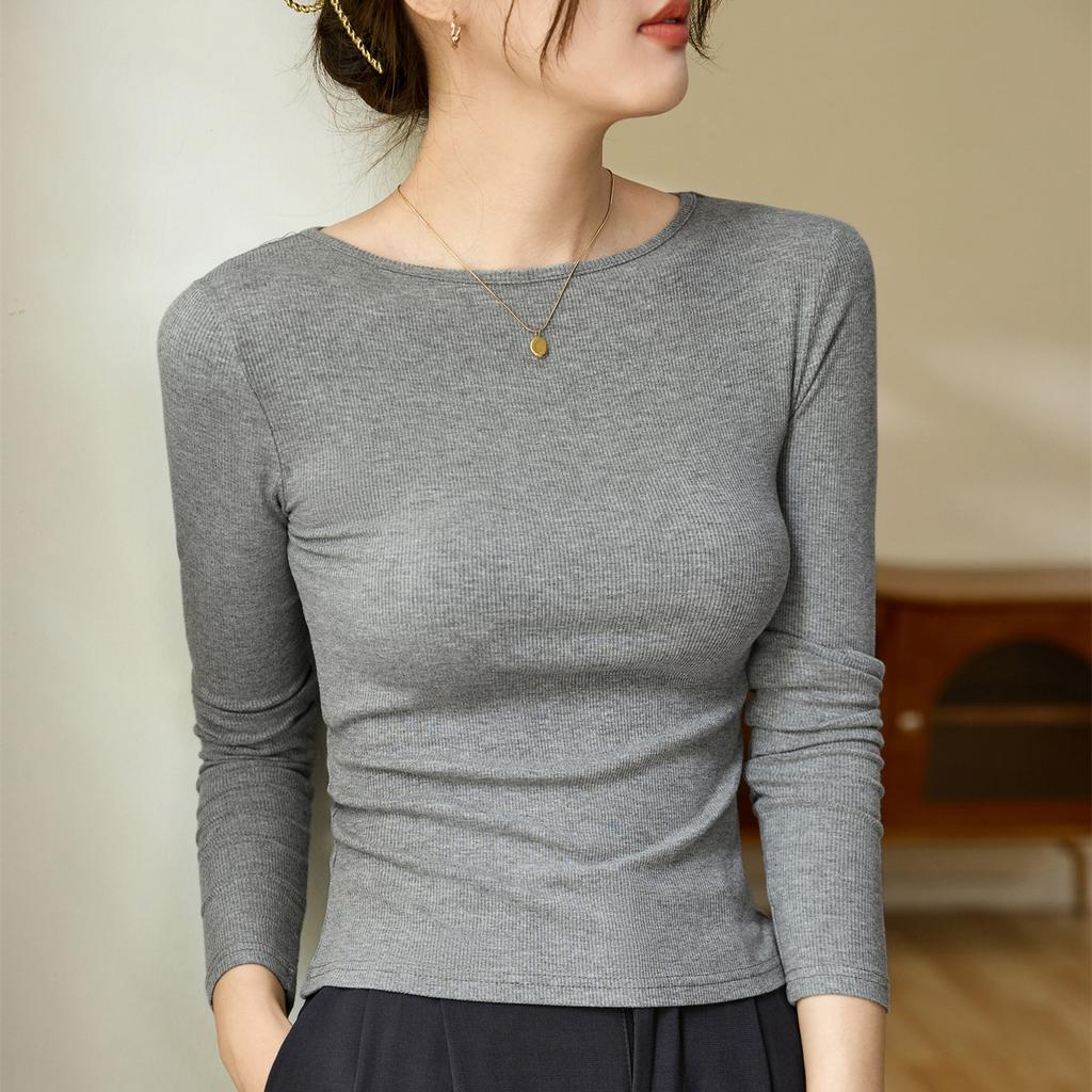 A Word Small Round Neck Slim-fit T-shirt for Women Long Sleeve Autumn New Inside with A Base Shirt