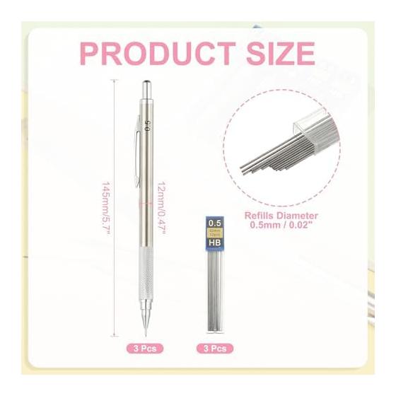 PATIKIL 0.5mm Mechanical Pencil Set with Lead Refills, Metal Drafting Pencil for Artists, Drawing, Writing, Sketching, Marking, Art, Silver