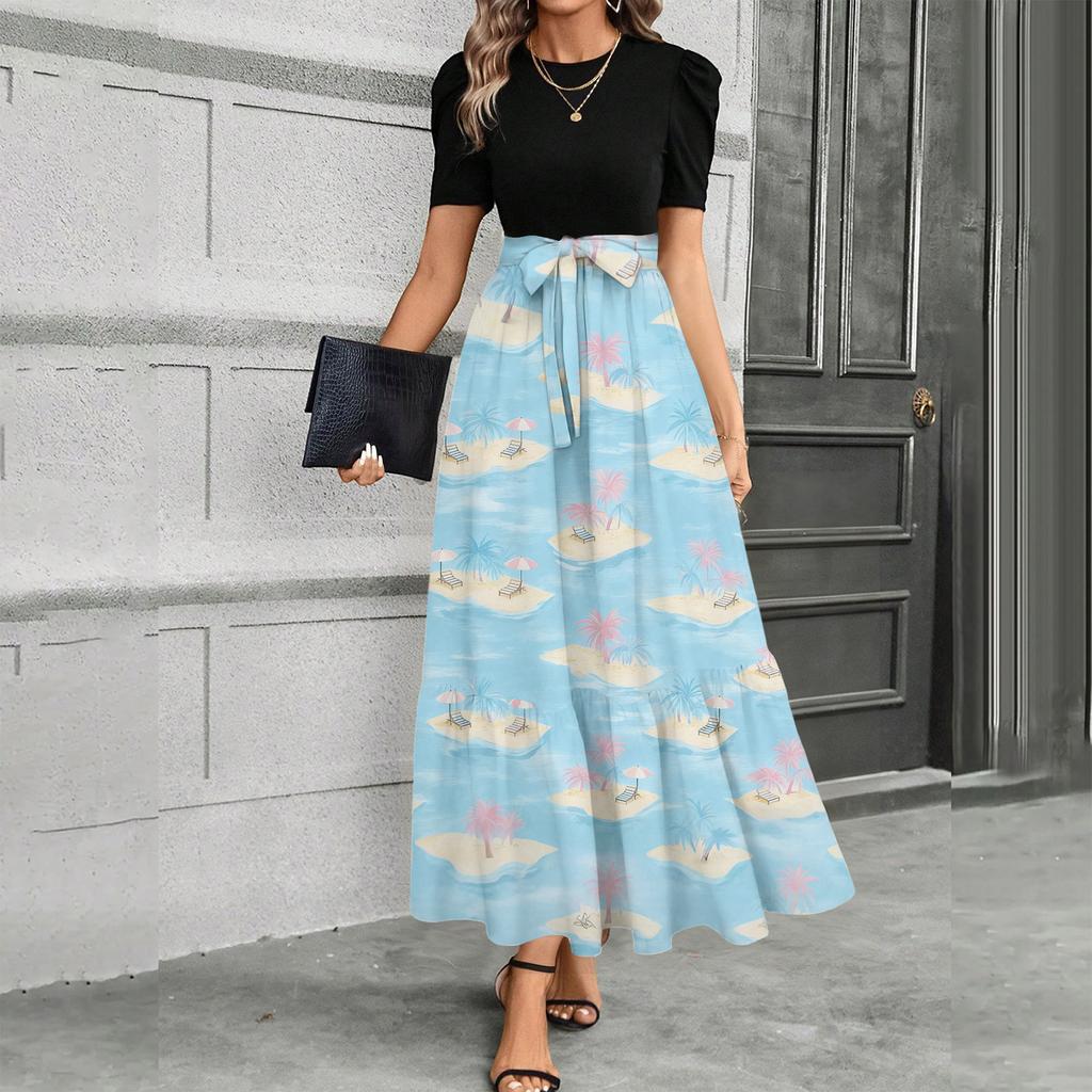 Short Sleeve Women's Dress Casual Flowy A-Line Midi Tshirt Dresses With Pockets Crewneck Vocation Boho Beach Sundress