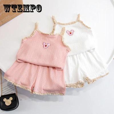 Girls' Home Clothes Set Children's Summer Suspenders Pajamas Thin Section Baby Vest Air-conditioning Clothing Suit Bear Embroidery