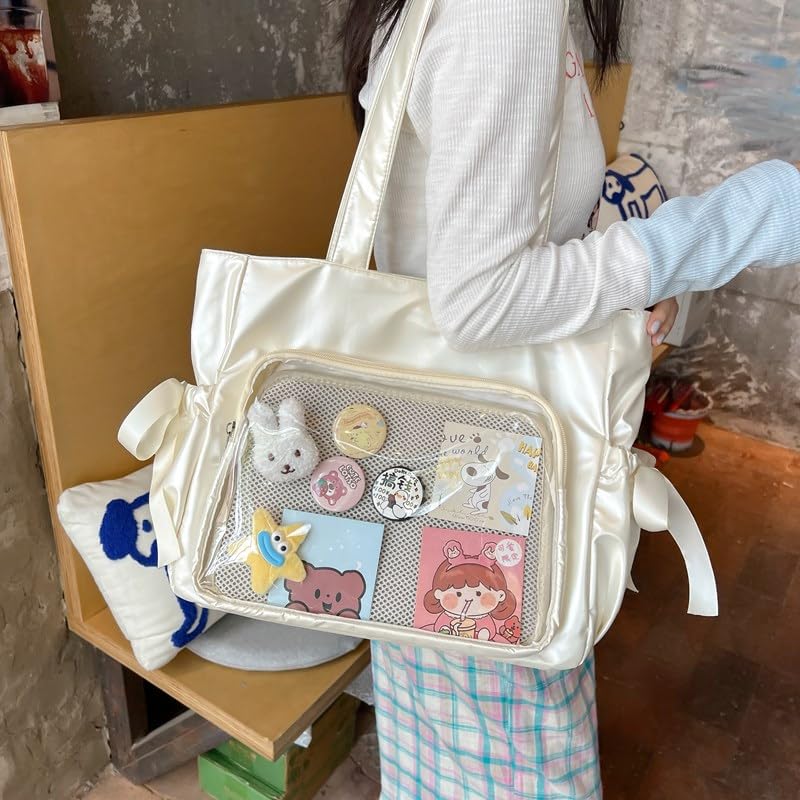 Jan Étoile Ita Bag, Ribbon Design, Large, Shiny Tote Bag, Women's, Large Capacity, Transparent Shoulder Bag, Stylish, Cute (White)