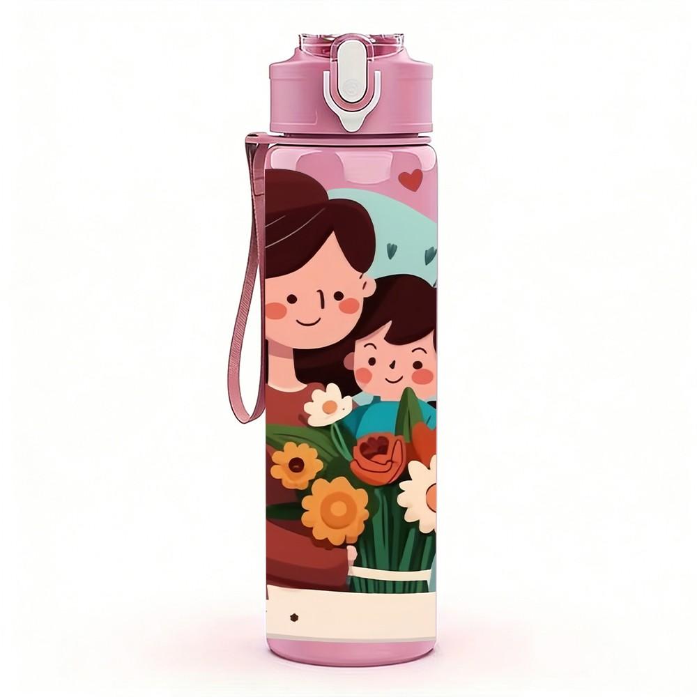 1PC Mom Kid Flower Bouquet Warm Cartoon Print 750ml Color Plastic Sports Water Bottle Leakproof Flip Straw Lid Suitable for Sports Office Home Use