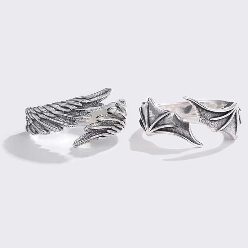 Vintage Angel And Devil Wing Ring Adjustable Open Ring For Couples Unique Alloy Jewelry Supplier