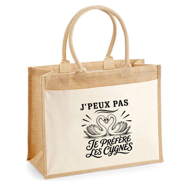 Sac cabas - PLANETEE - J'peux pas minimaliste (Cygnes) - Toile de jute et coton - 21 L (43×33×21 cm) - Anses 65 cm