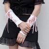 Gothic Frilly Fingerless Gloves Lace-Up Ribbon Ribbed Knit Arm Warmers for Women