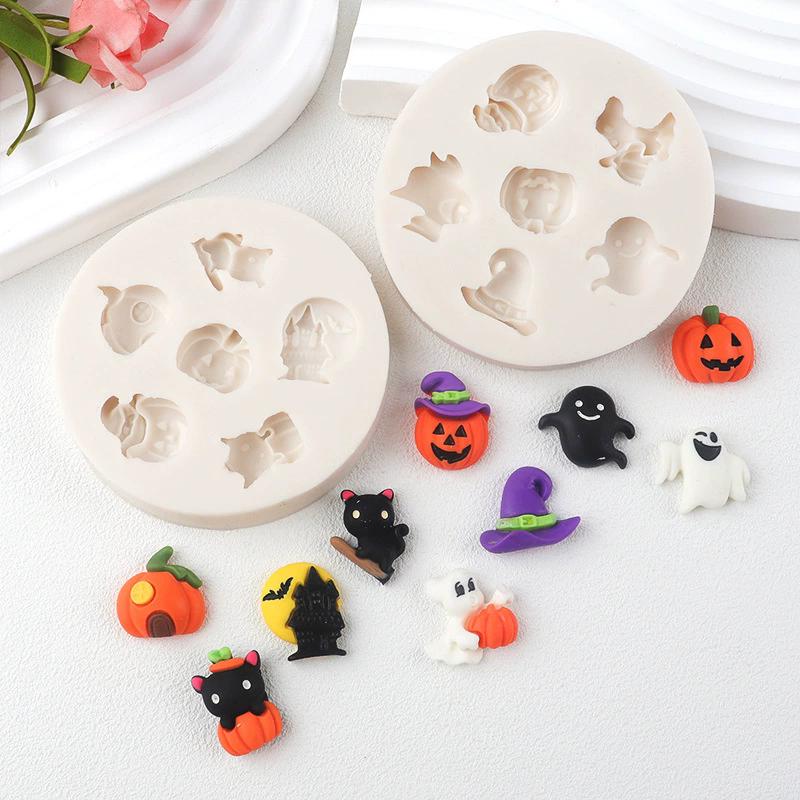 WTEMPO 4PCS 7.6*7.6*1.1CM Round Halloween Pumpkin Ghost Pattern Design Silicone Molds DIY Epoxy Resin Molds Halloween-themed Handicraft Making Molds