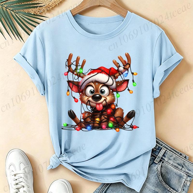 Women Cute Reindeer Christmas Lights Graphic T‑Shirt Funny Santa Hat Deer Printed Short Sleeve Tops Xmas Holiday Casual Tees