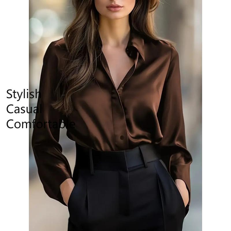 DAFIFY Women's Fashion Casual Spring Autumn Solid Color Print Long Sleeve POLO Neck Blouses & Shirts
