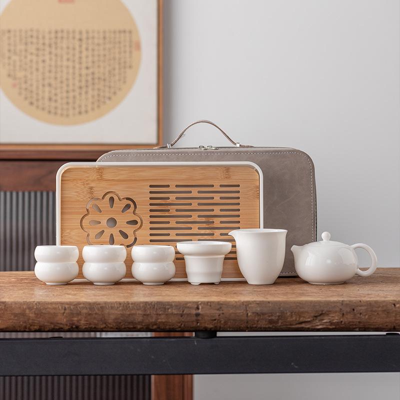 Suet Jade Porcelain Travel Kung Fu Tea Set Portable Kuaike Teapot Teacup Tea Tray Bank Business Holiday Gifts