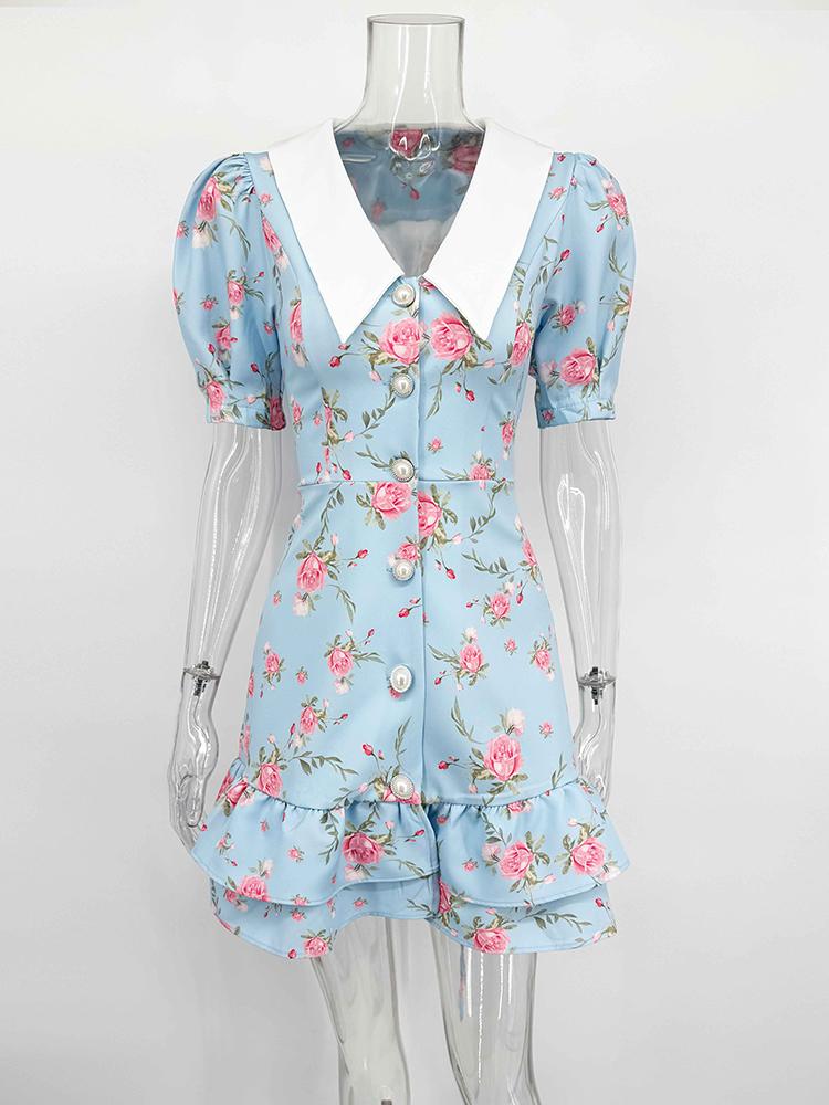 

Летнее платье с принтом, пышными рукавами и оборками, женское платье мини с V-образным вырезом, высокой талией и жемчужными пуговицами, женское повседневное модное платье для отпуска L синий