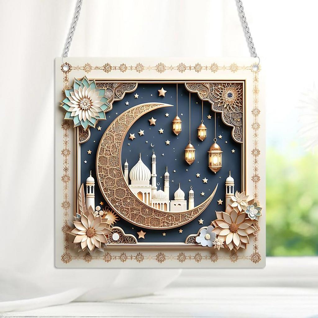 2dEid Mubarak Door Sign Wooden Hanging Signs, Moon Star Wooden Hanging Pendant, Islamic Muslim Pendant Decoration For Ramadan Mubarak Eid Decorations