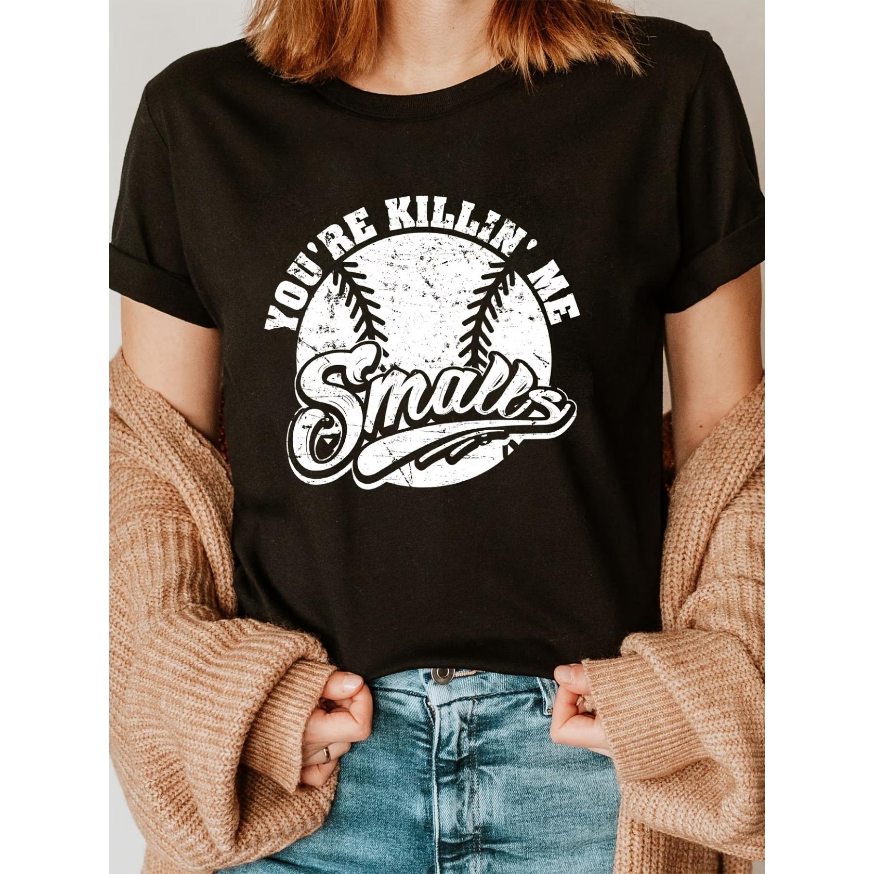 

Модная футболка Smais Softball с принтом букв, с коротким рукавом, круглым вырезом, повседневный топ для лета и весны S чёрный
