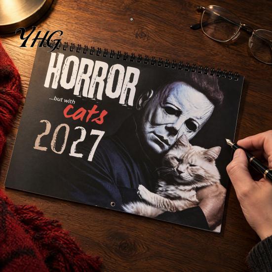 Wall Decoration for Studio 2027 Halloween Horror Movie & Cats Calendar, Creative Spiral Spooky Film Poster Bound Planner with Hanging Hole, Niche Fan