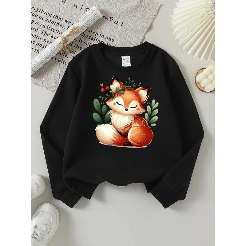 Girls' Soft Round-Neck Sweatshirt - Cute Fox & Leaf Blouse for & Little Girls, Long Sleeve T-Shirt/Suitable for all-Season Casual Wear