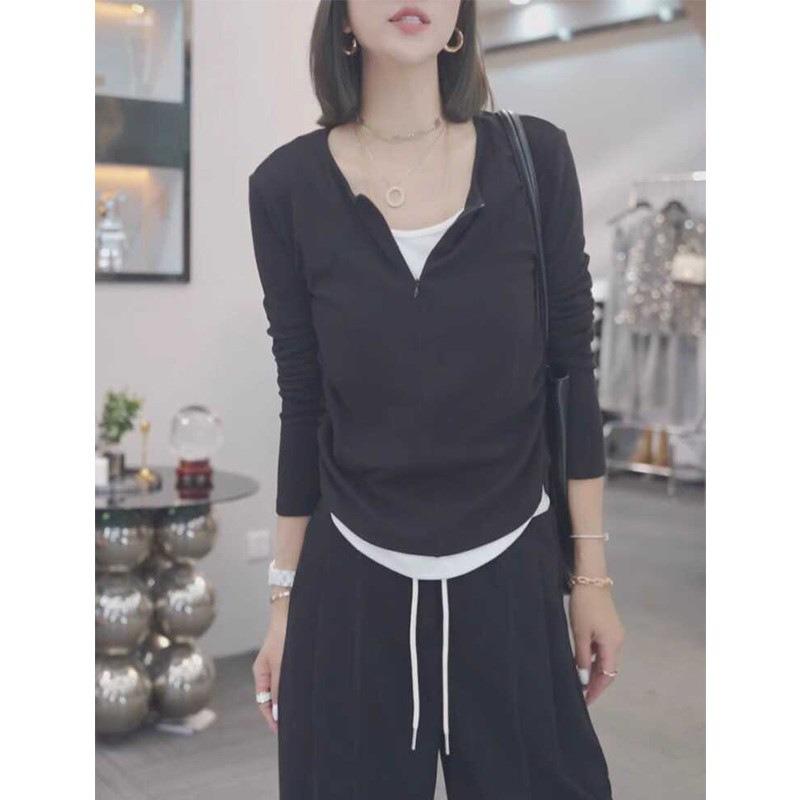 Retro Unique Fake Two-piece Invisible Half-zipper Long-sleeved T-shirt Women's Autumn Popular Pleated Thin Bottoming Shirt