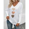 Women Casual Comfortable V Neck Long Sleeve Heart Print T Shirt