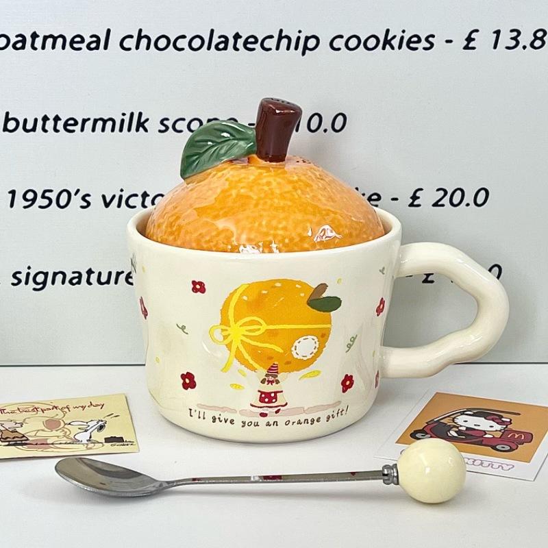 New Year's Gift Cute Orange Water Cup Boys and Girls Souvenir Gift Box High Value Ceramic Mug with Lid Spoon