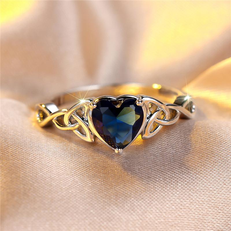 Cute Female Blue Zircon Stone Heart Engagement Ring CopperColor Wedding Jewelry For Women