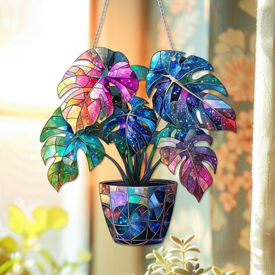 Yousheng 2D Flat Clover Ornament Stained Acrylic Window Suncatcher Monstera Leaf Hanging Ornament Greenery Gift for Nature Lovers