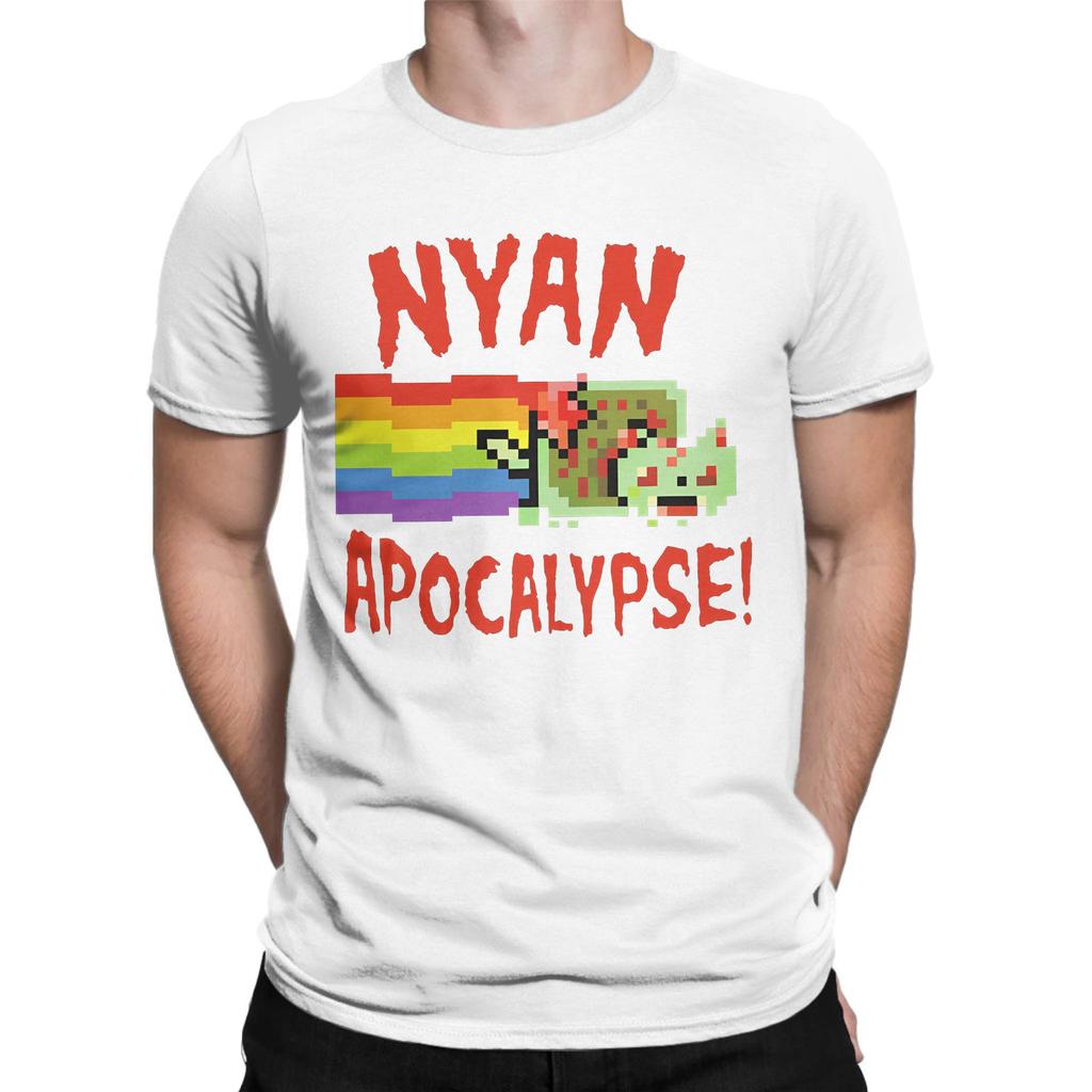 Nyans Apocalypse T Shirt Mens Cotton Vintage TShirts Crewneck Meme Cat Tee Shirt Short Sleeve Tops Plus Size