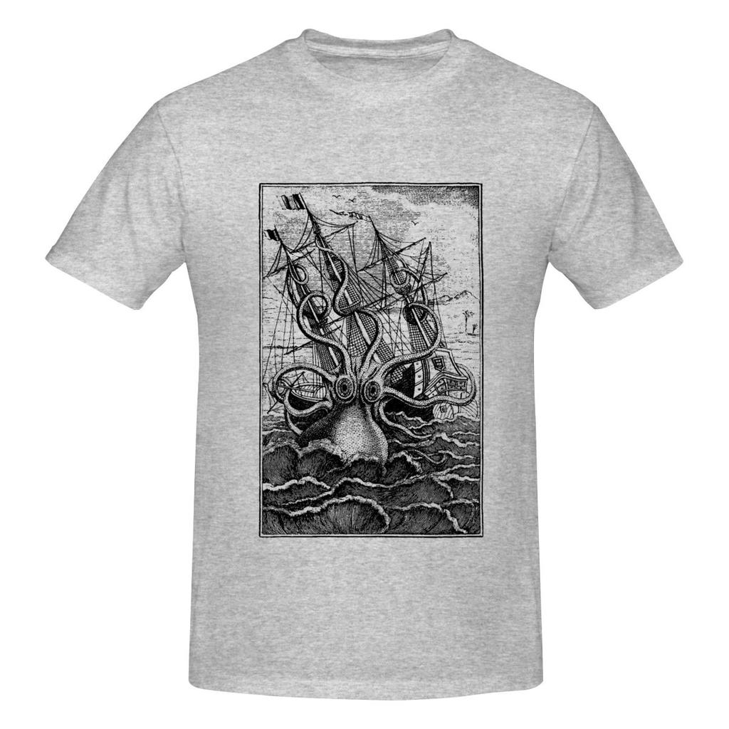 Vintage Kraken Attacking Ship Illustration Casual Tshirtniche Design Travel Musthave Cotton Tee