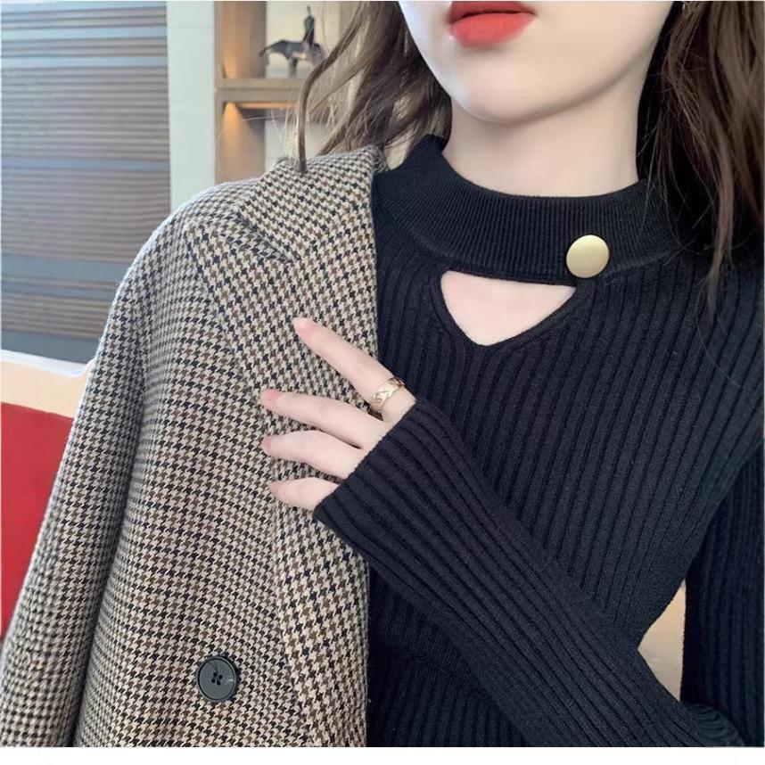 Women's Versatile Solid Color Knit Pullover Sweater - Slimming Design for Autumn/Winter Fashion