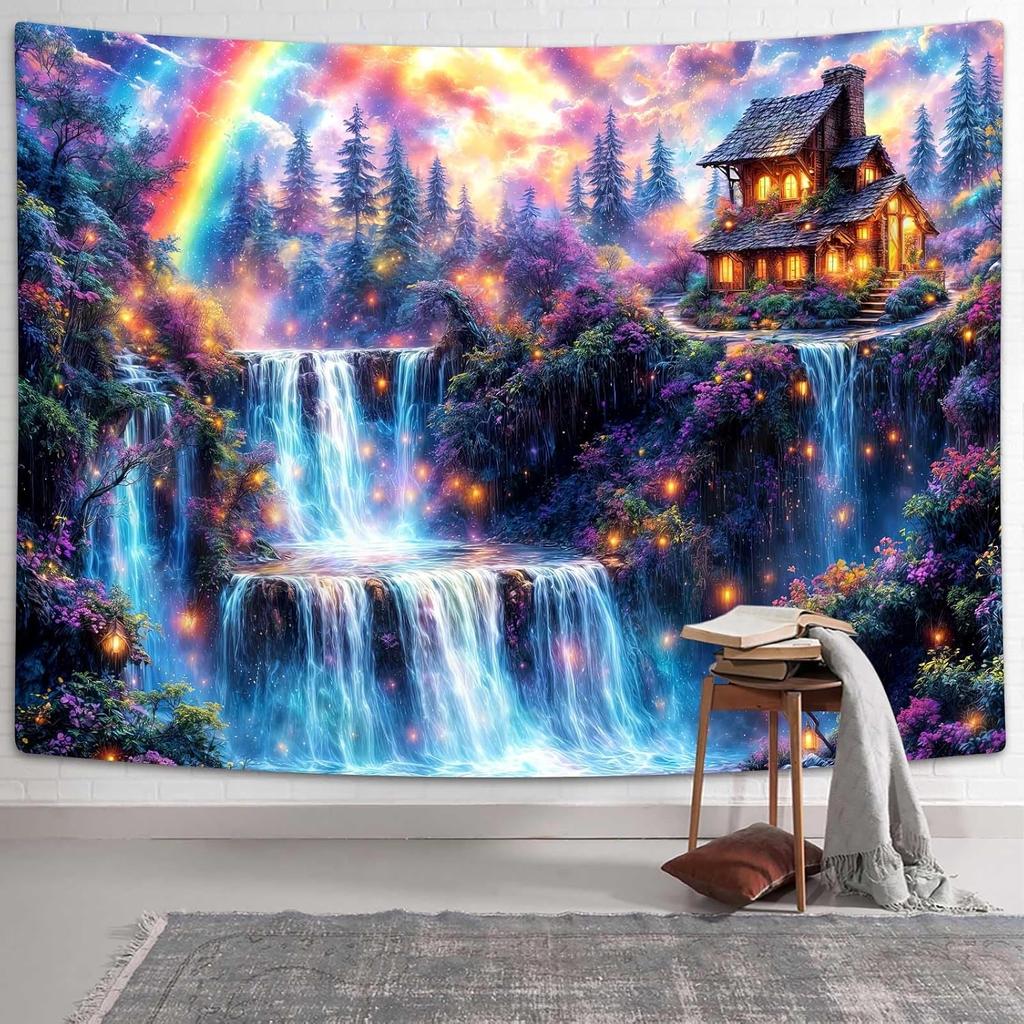 Fantasy Forest Tree Butterfly Wall Hanging Fairy Magical Enchanted Jungle Waterfall Mushroom Tapestry for Bedroom Living Room