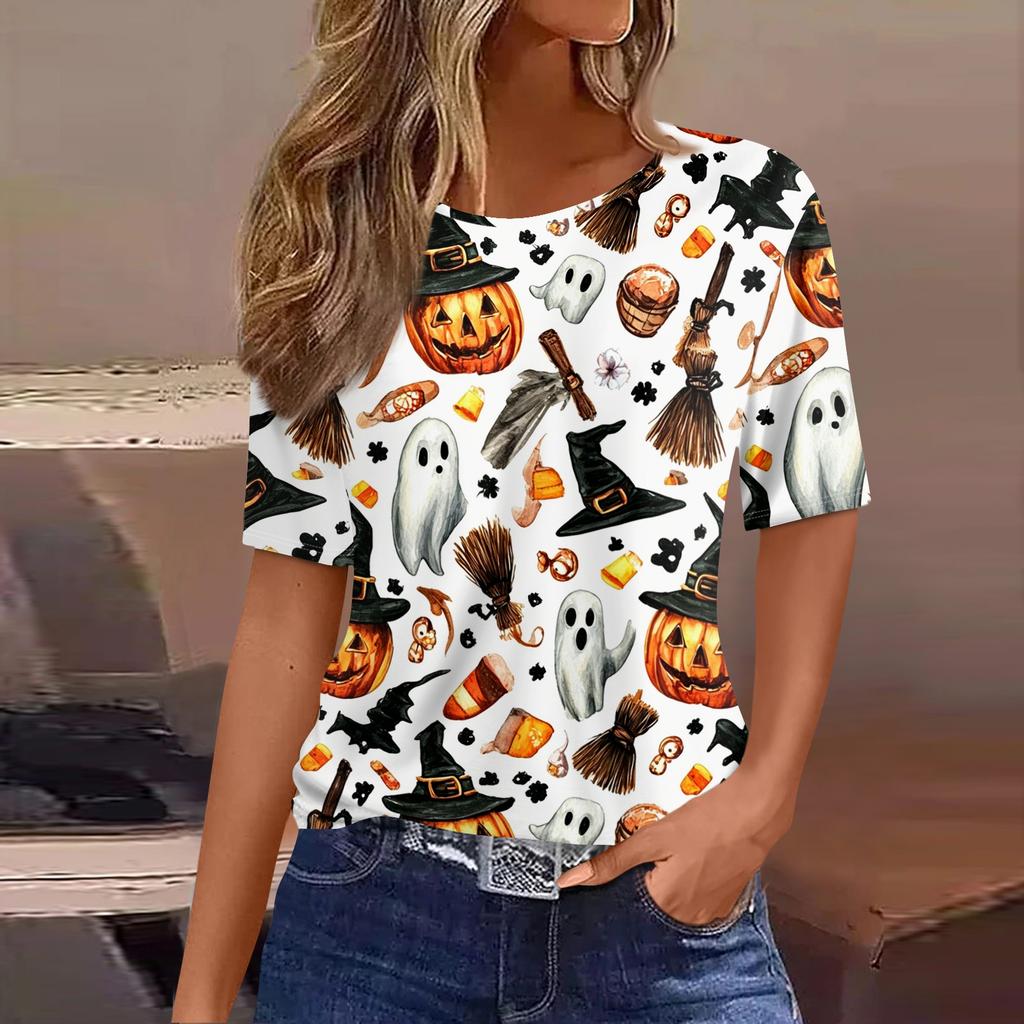 Women's Casual Short Sleeve Halloween Pullover Top with Bat and Pumpkin Print Round Neck Relaxed Fit Shirt for Fall Season