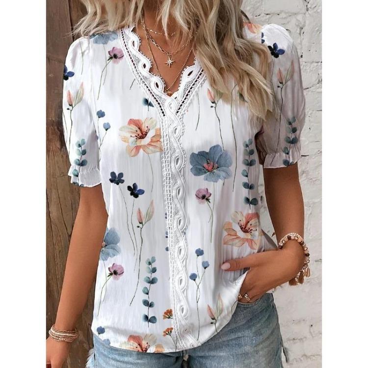 Elegant Plus Size Womens Floral Print Blouse V Neck Lace Detail Short Sleeve Spring Summer Textured Clothing