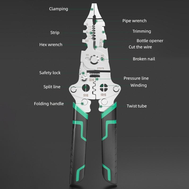 Foldable Wire Stripper Crimping Pliers Tool Multi Function Design For Electrician Work With Compact Steel Construction