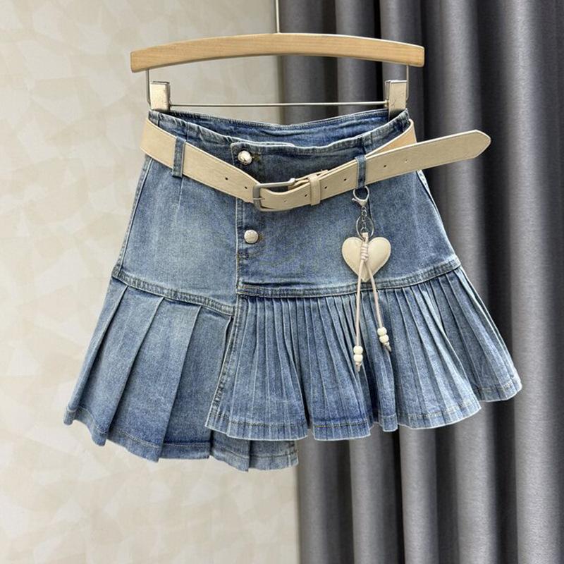 European summer new denim skirt women s fashion high waist and thin washed high elastic splicing pleated skirt S