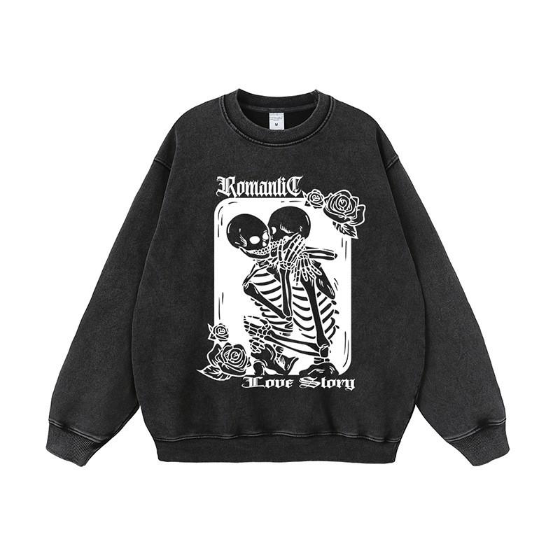 Mens Oversized Washed Cotton Hoodie With Skull Print - Loose Fit Streetwear Long Sleeve Sweatshirt Winter Casual Wear