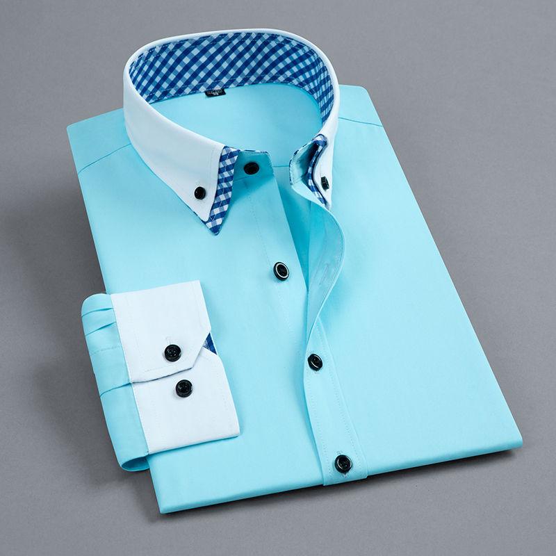 Camicia da Uomo a Manica Lunga Non Stiro Doppio Strato Formale da Lavoro Vestibilità Regolare Ufficio Camisa Moda Bianca Blu Camicie Sociali