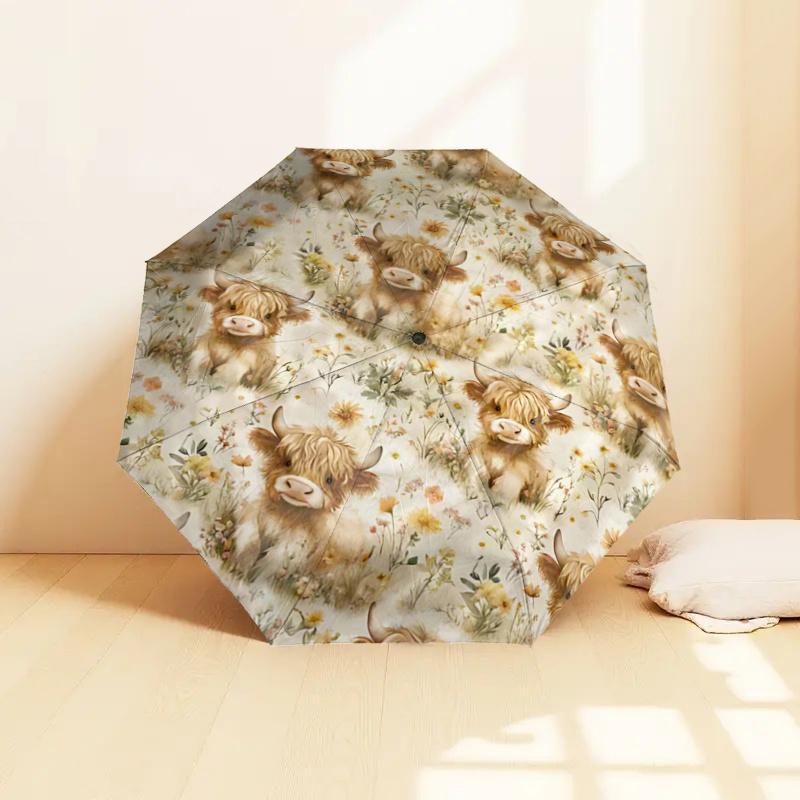 Schottische Hochlandkuh mit Blumenmuster Regenschirm - Automatisches Öffnen & Schließen, Tragbares 3-fach faltbares Design, 8-Speichen Stahlgestell, Für den Außenbereich, Festliches Geschenk für