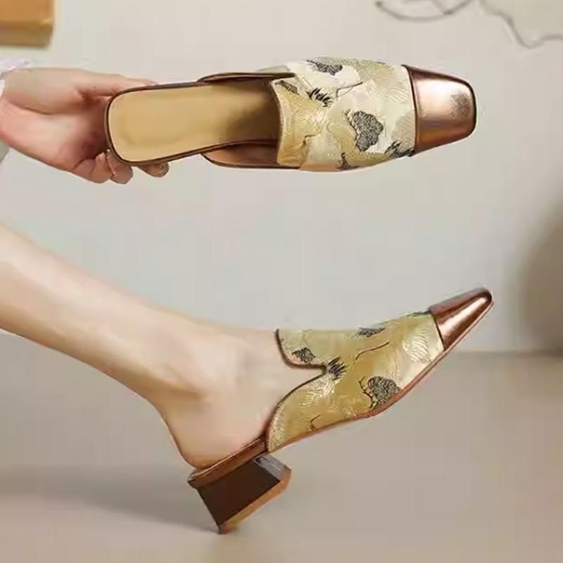 Square Toe Women Slippers Spring Mid Heels Slingback Shoes Retro Elegant Woman Pumps 2025 Trend Dress Cozy Ladies Shoes