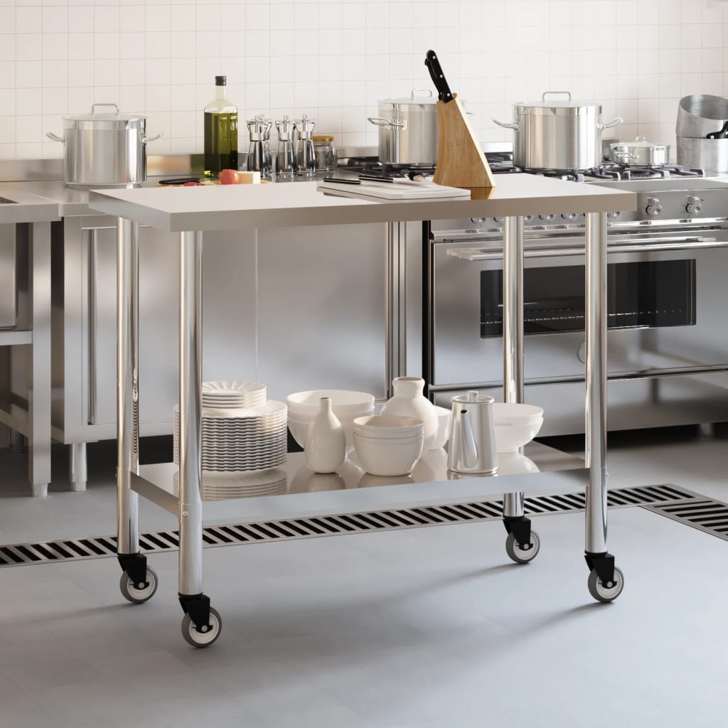 Vidaxl Kitchen Work Table On Wheels, 110X55X85 Cm, Stainless Steel