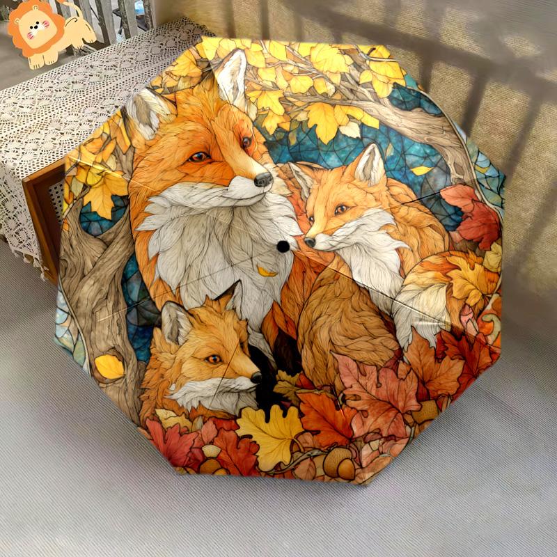 0106 Fox Family  pattern, automatic folding umbrella, portable and foldable design, 8 ribs, a Christmas or birthday gift.