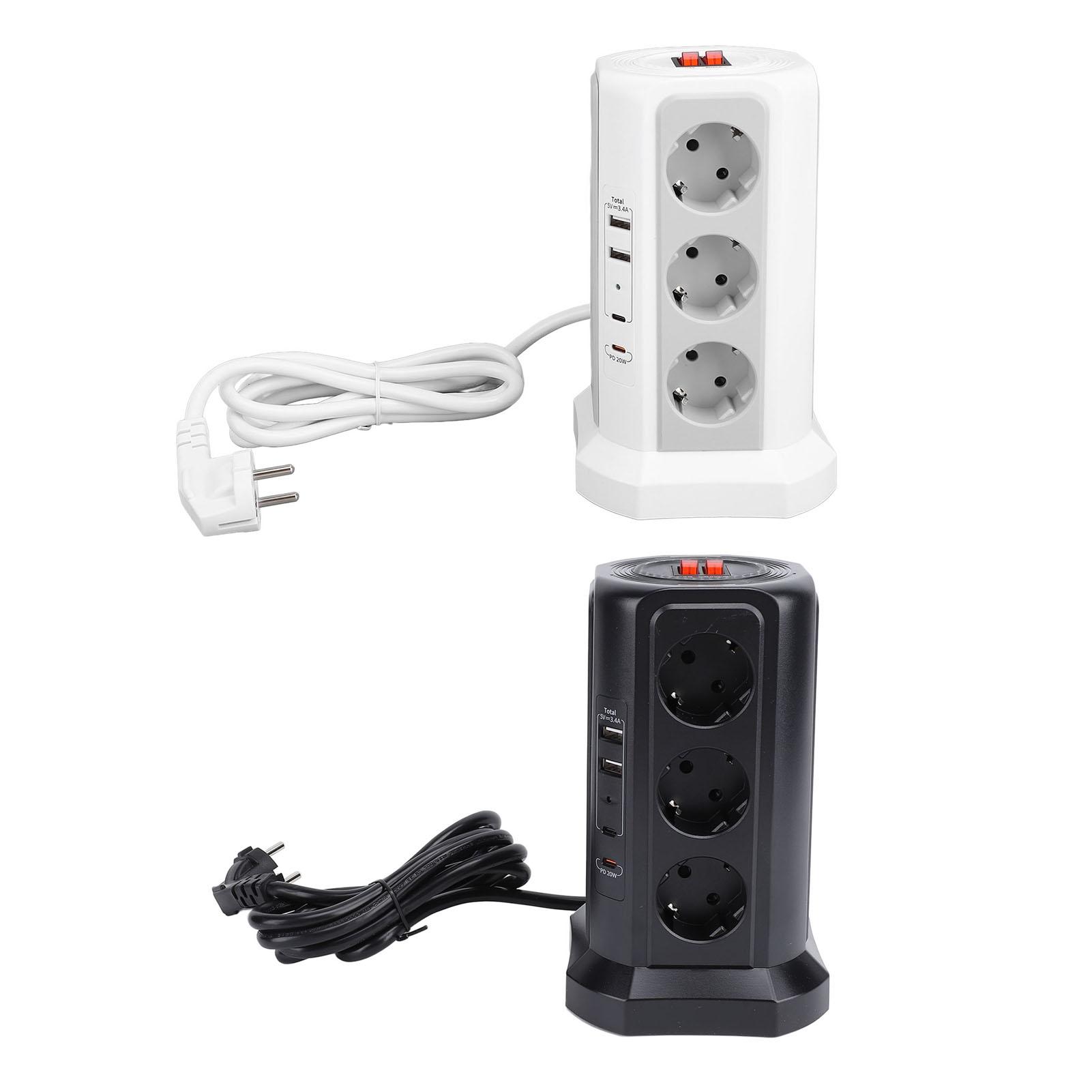 

Tower Power Strip with Protector Switch Multiple Ports Vertical Space Saving Electric Tower Power St White