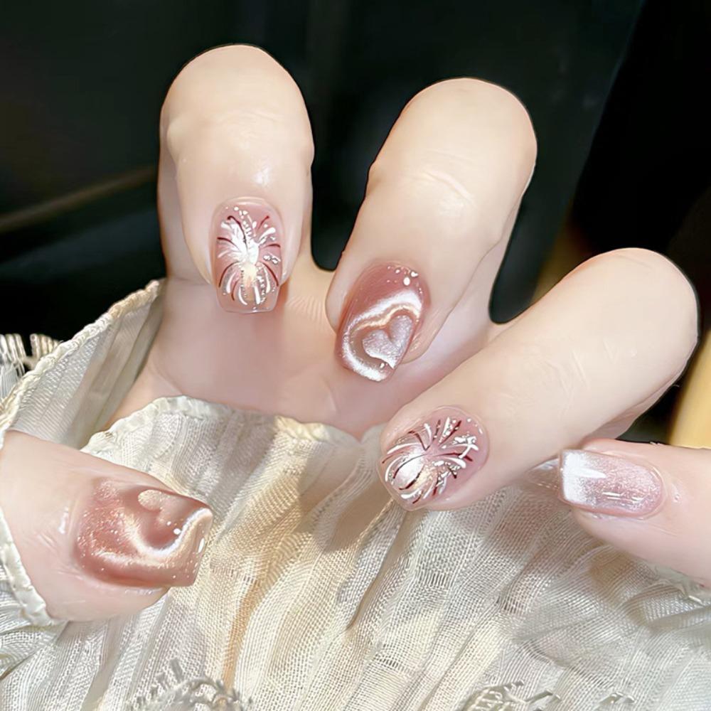 30pcs Short Ballerina False Nails Cat Eye Shining Slices French Fake Nails Polka Dots Checkered Golden Butterfly Press On Nails