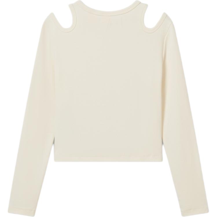 Levis Soft Slim Fit Casual Knit Off Shoulder Ribbed Round Neck Long Sleeve T-Shirt Women Tops Beige 002YO-0000