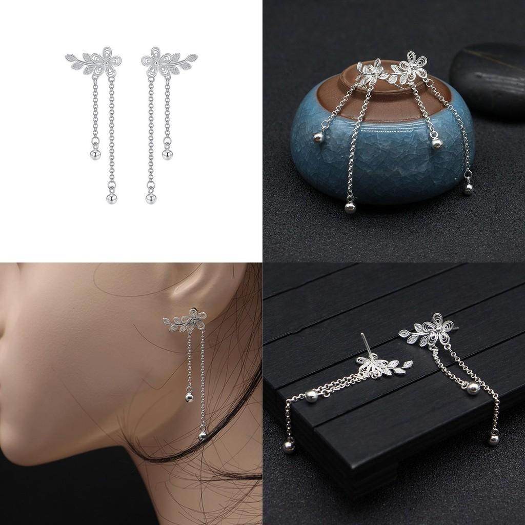 White Gold Exquisite Flower And Leaf Tassel Earrings With Cz Stone Embellishment