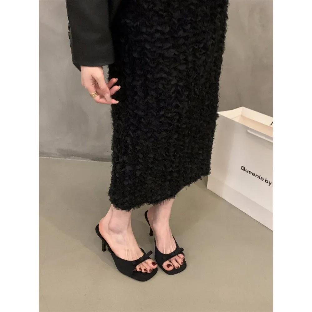 Slipper Mules High Heels Shoes Summer zapatillas mujer Best Street Look Females Square Head Open Toe bow Strappy Sandals Women