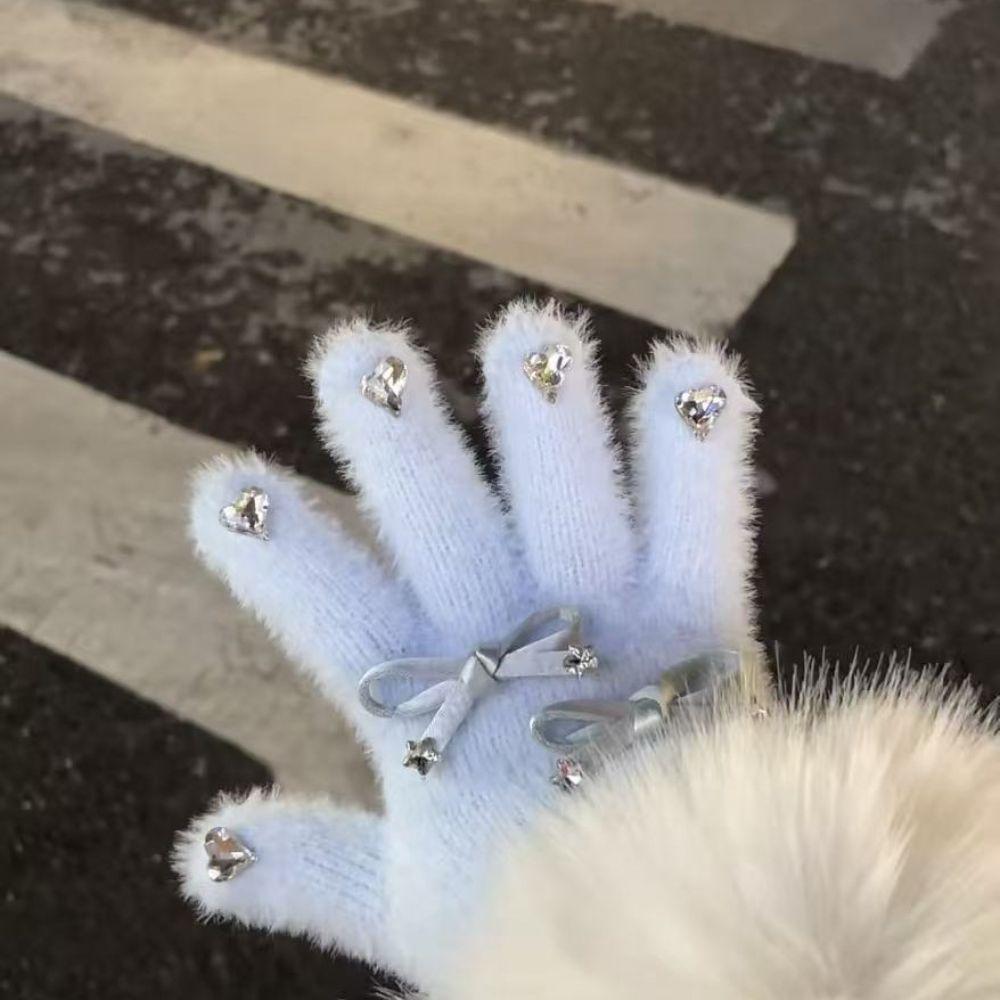 Kawaii Bow Warm Gloves Thickened Cycling Gloves Korean Style Knitted Knitting Wool Gloves