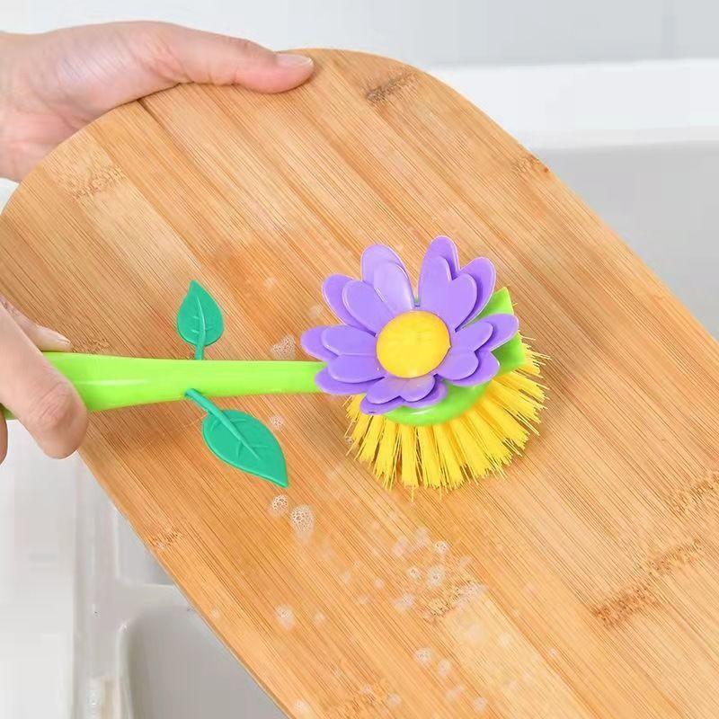 Hand Washed Pot Brush Bowl Brush with Handle Long Brush for Washing Dishes Pot Brush Kitchen Cleaning Supplies, Sunflower Brush